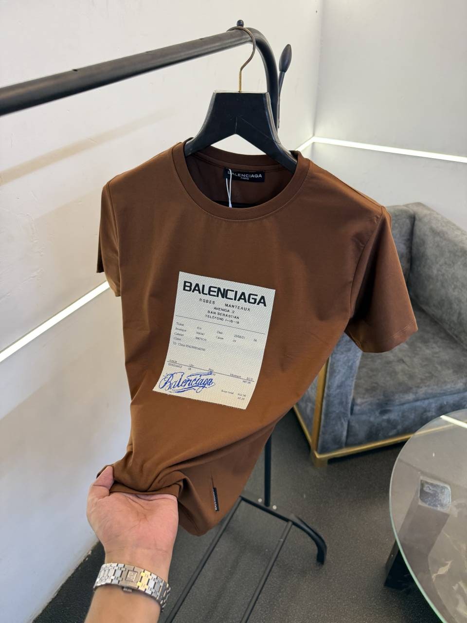Balenciaga brown diamond patch with print imported round neck tshirt sale