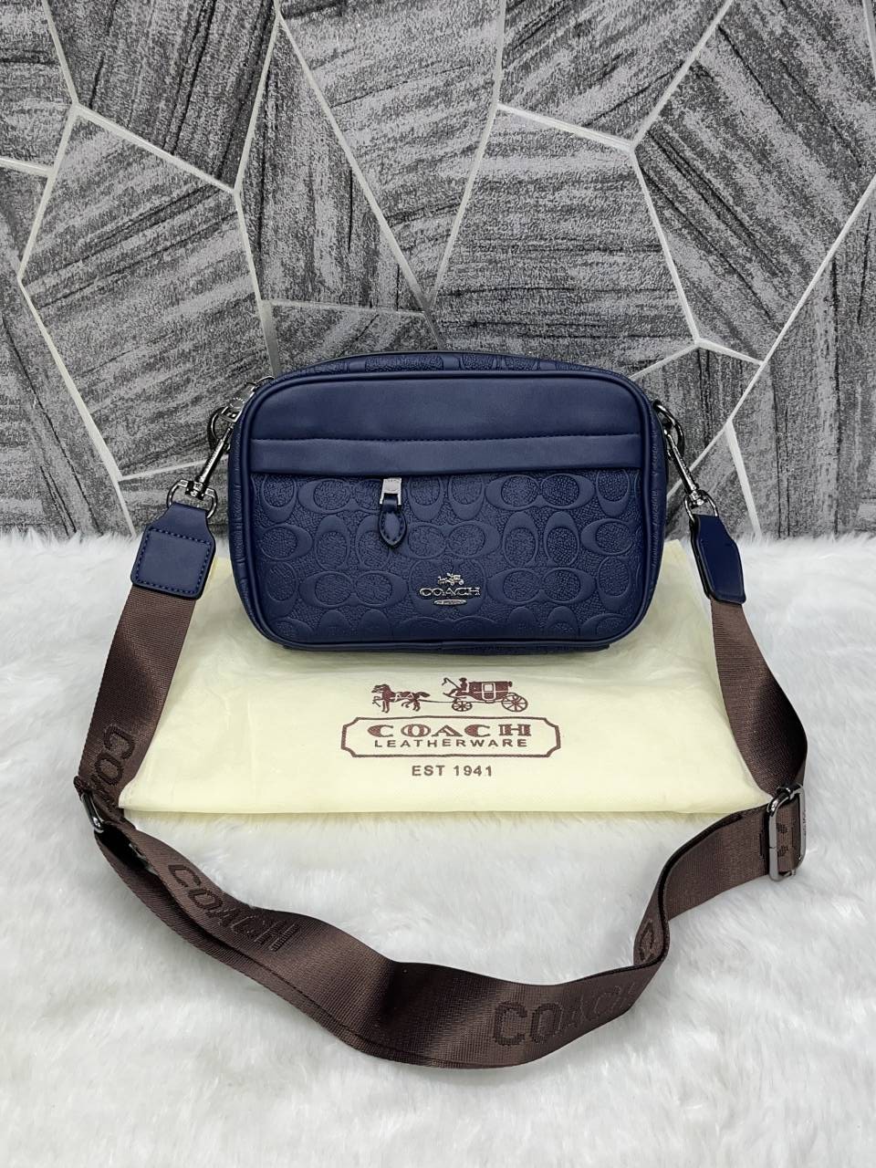 Coach_Blue_Emboss_Leather_Unisex_Crossbody_Bag_With_DustCover