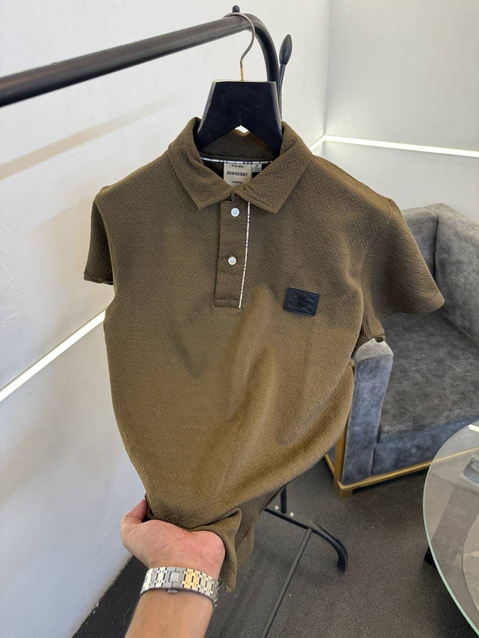 Burbery self knitted embossed print turkish imported polo tshirt brown sale