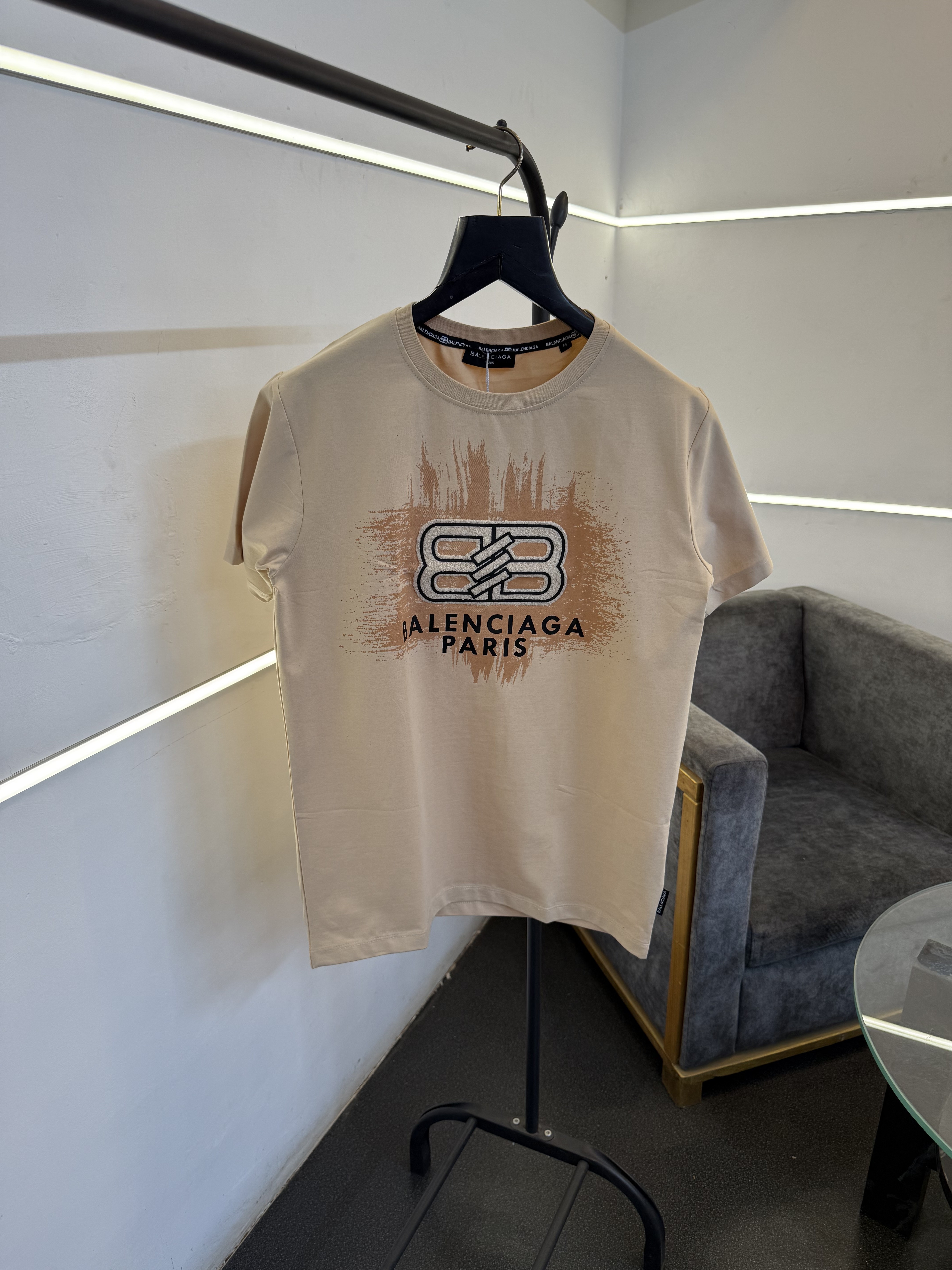 Balenciag a furr front printed round neck imported tshirt beige sale