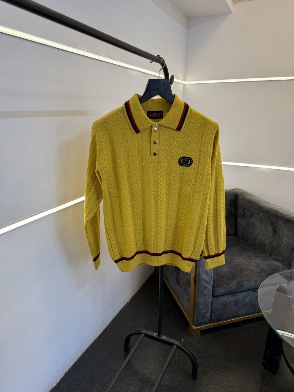 Gucci knitted imported sweatshirt with brand button and logo on chest yellow gold