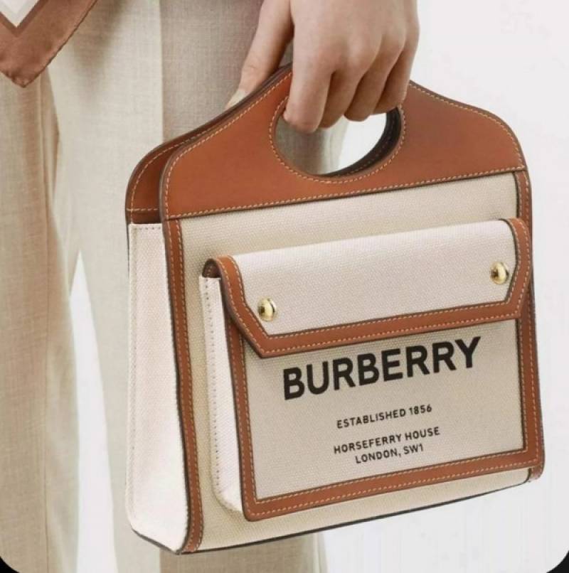 Burbberry Two Tone Canvas and Leather Pocket Premium Quality Bag With OG Box & Dust Bag (Brown - 228)