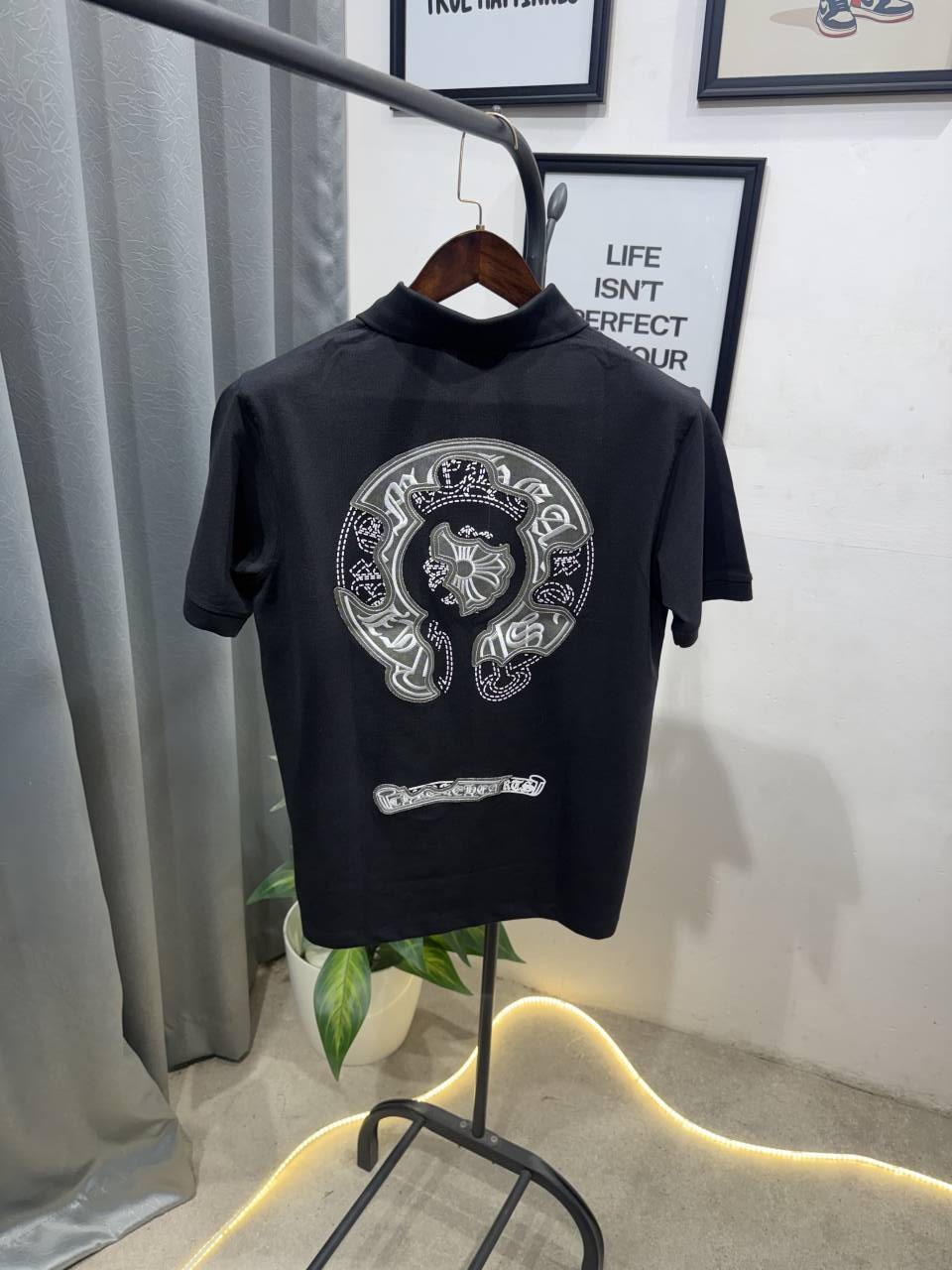 Chrome heart turkey imported polo tshirt with patch and embroidery and brand button black