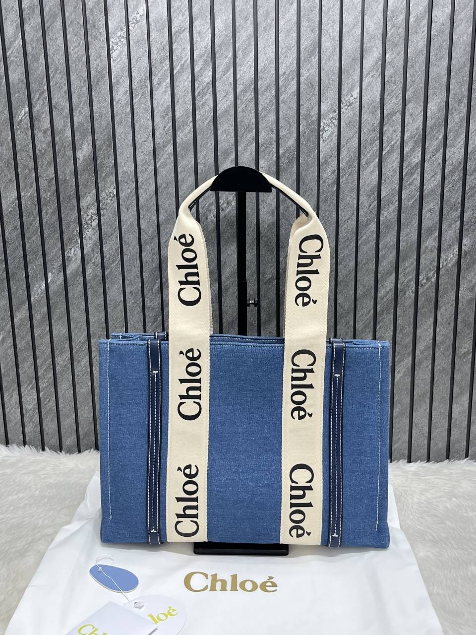 Chloe Denim Medium Canvas Woody Tote With Dust Cover