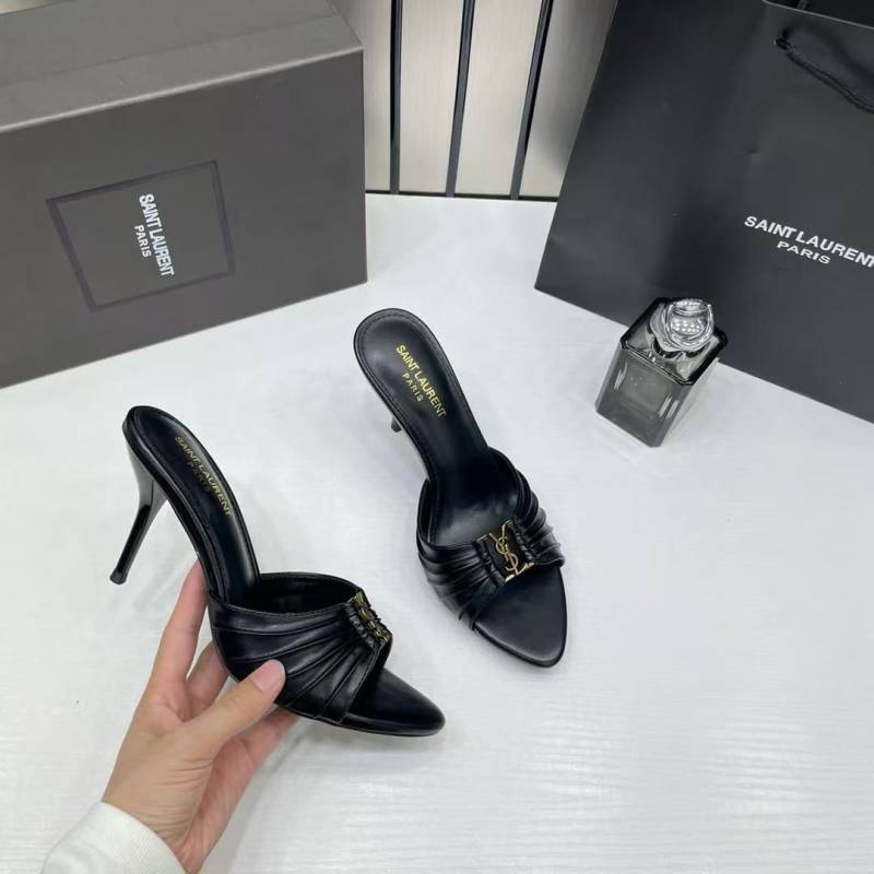 Ysl Saint Laurent Babylone Black Stiletto Mules Gold-tone Cassandre logo Detail With OG Box & Carry Bag A1 Black