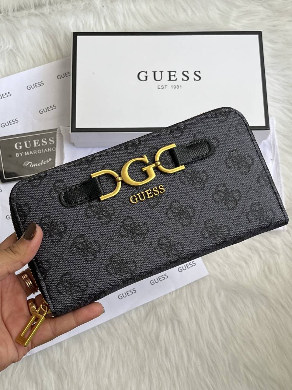 Guess 001 Gray Long Zippy Wallet With Original Box Dust Cover Card & Brand Packaging