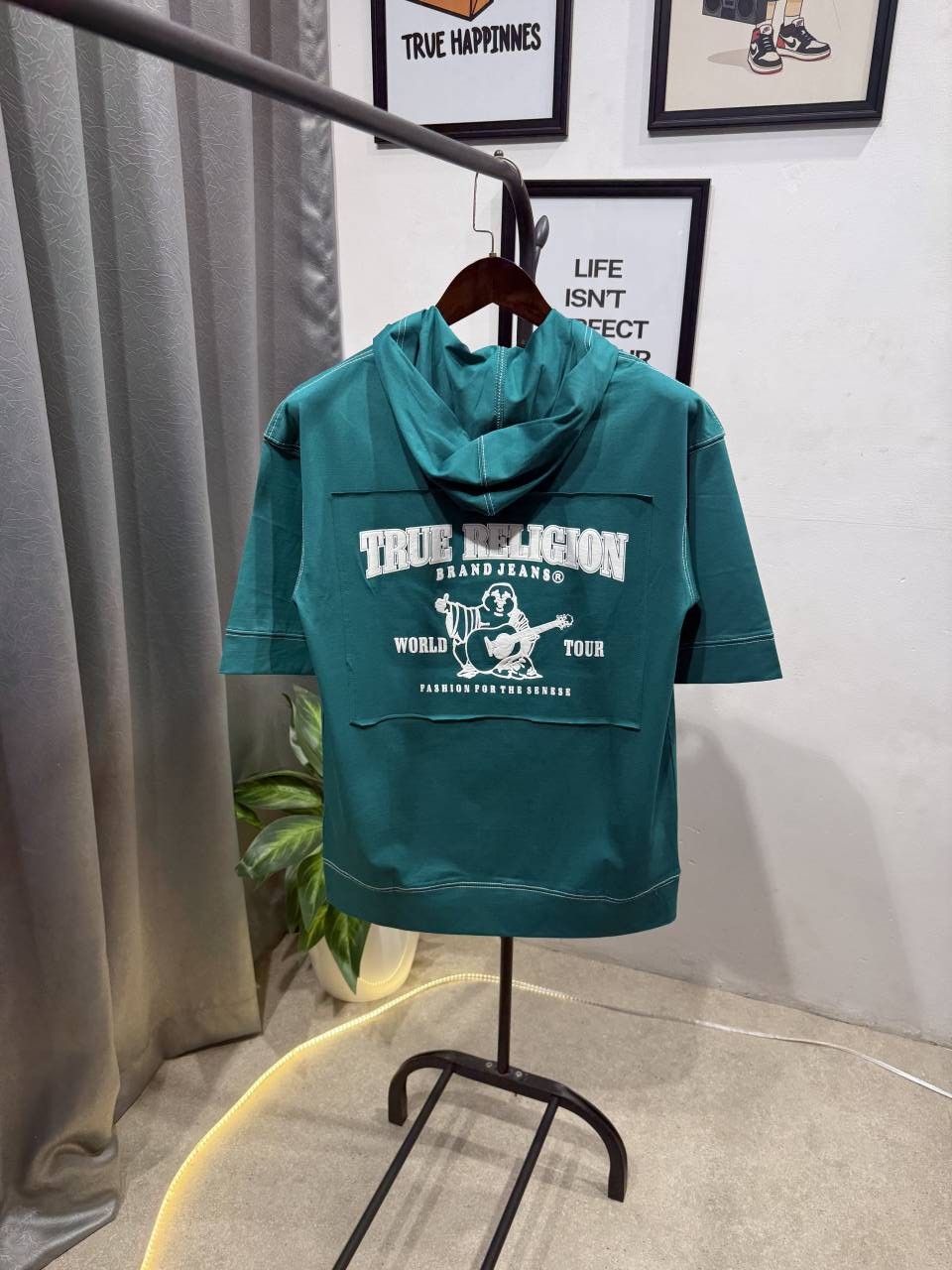 True religion drop shoulder hooded imported tshirt c green