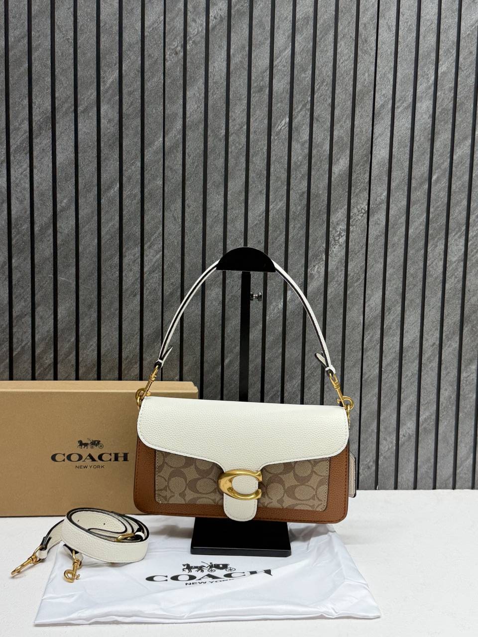 Coacch Tabby 26 Brown White mono Shoulder Crossbody Bag With Original Box 2 Belt (Short Long)