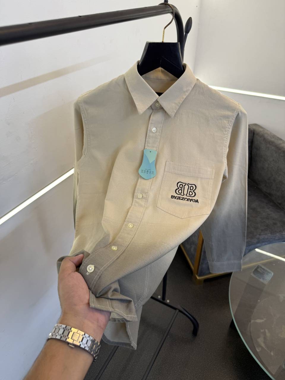 Balenciaga 01 grey double shaded imported shirt with pocket embroidery logo
