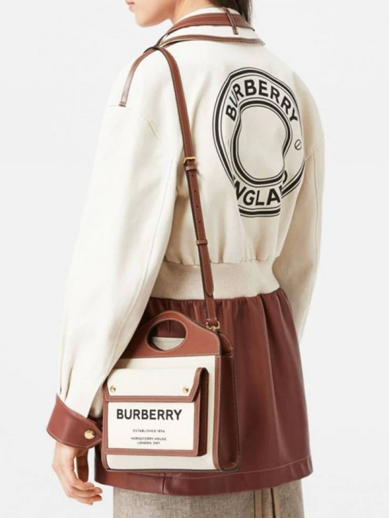 Burbberry Two Tone Canvas and Leather Pocket Premium Quality Bag With OG Box & Dust Bag (Brown - 228)