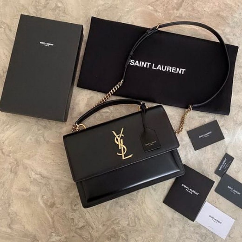 YSL Saint Laurent Sunset Premium Shoulder Bag With OG Double Magnetic Box & Dust Bag (Black - Gold - 936)