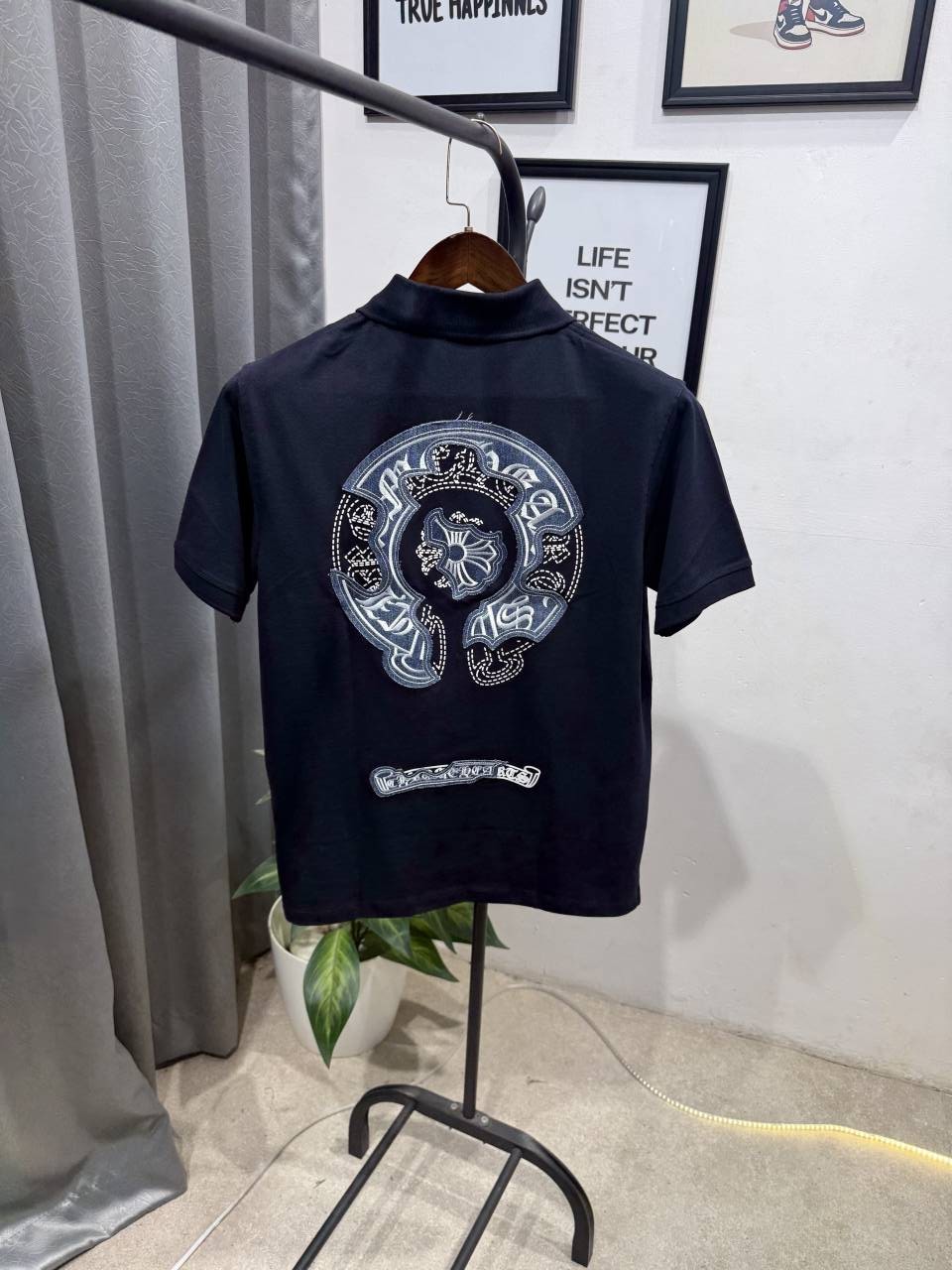 Chrome heart turkey imported polo tshirt with patch and embroidery and brand button navy blue