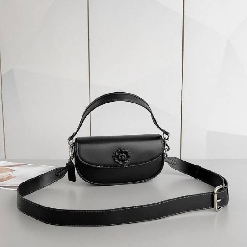 Coaach Emmy Tea Rose Saddle Premium Crossbody Shoulder Bag With OG Double Box & Dust Bag (Black Flower - 1004)