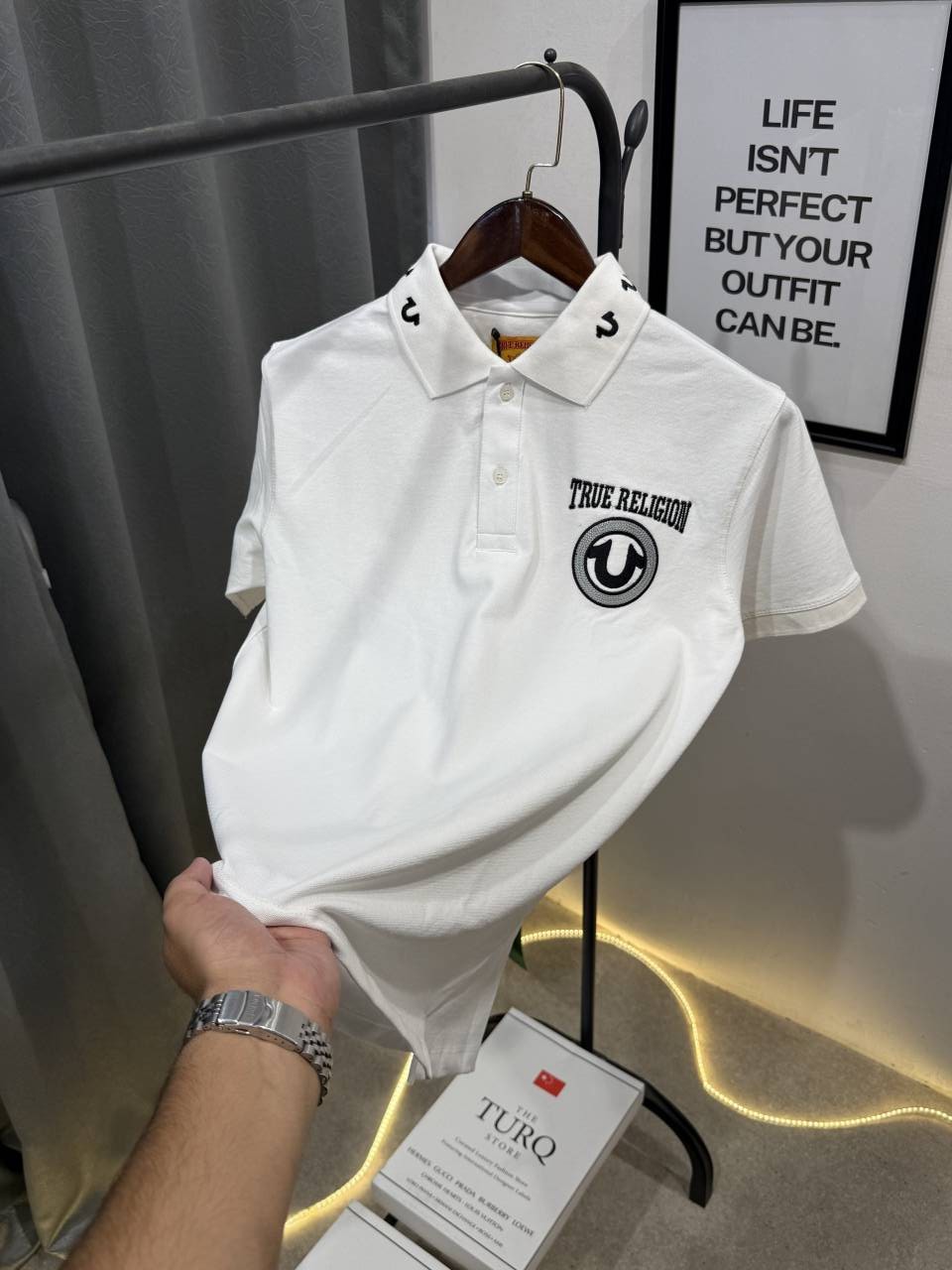 True religion embroidery logo imported polo tshirt white