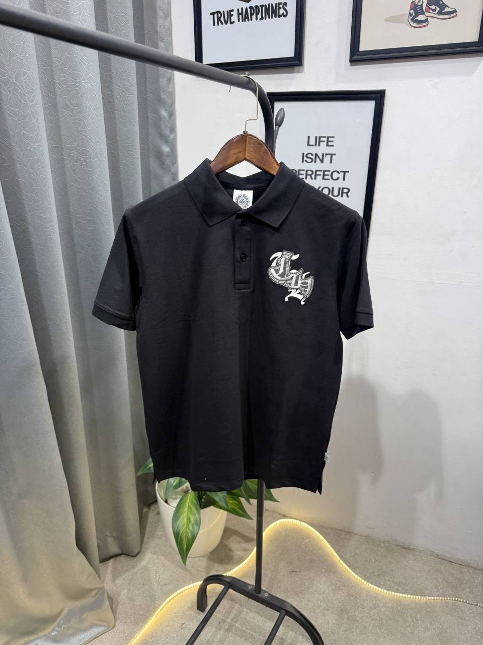 Chrome heart turkey imported polo tshirt with patch and embroidery and brand button black