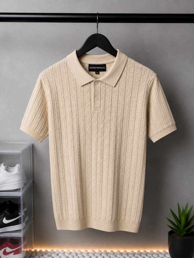 Emporio Arma_ Textured Knit Polo T-Shirt  Beige 1127. Sale-offer VS1000
